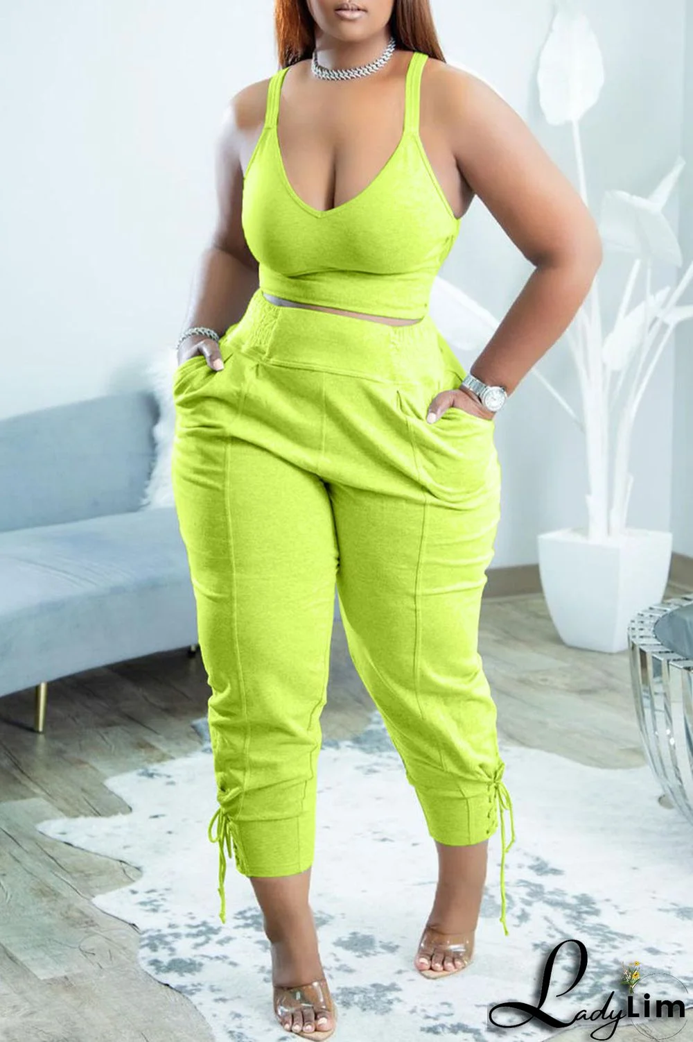 Yellow Casual Sportswear Simplicity Solid Bandage Vests Spaghetti Strap Sleeveless Two Pieces