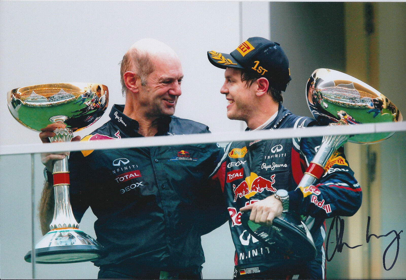 Adrian NEWEY SIGNED PODIUM WIN with Vettel 12x8 Photo Poster painting AFTAL Autograph COA