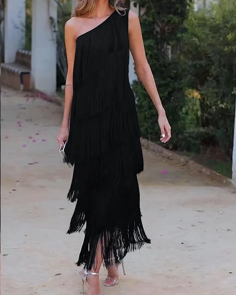 Fringe diagonal shoulder asymmetrical dress 