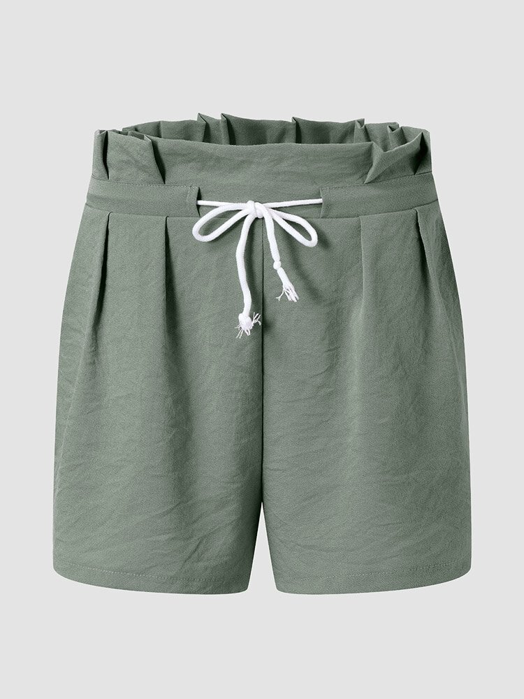 Solid Ruffle Elastic Waist Pocket Drawstring Shorts for Women