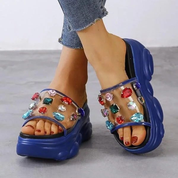 Women Transparent Colored Gemstone Platform Slippers