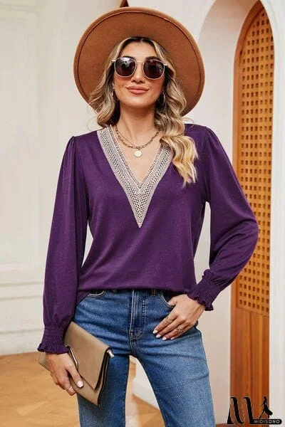 MidiSono - Lace Detail V-Neck Lantern Sleeve T-Shirt