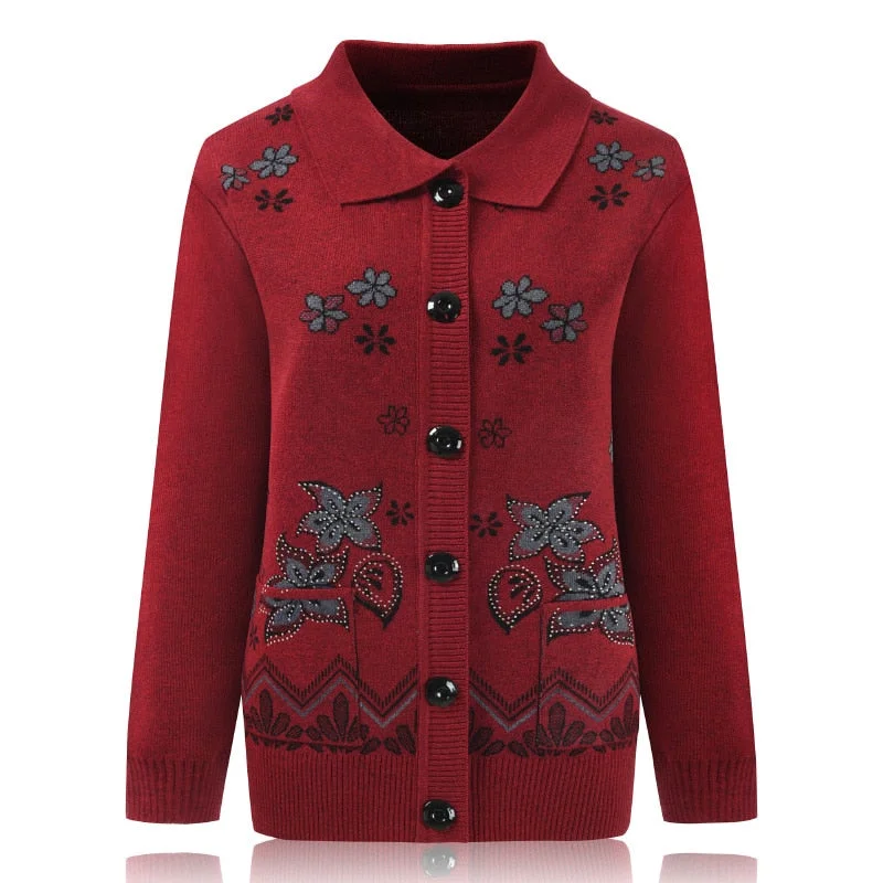 Women Knit Sweater Cardigan Jacket New Middle-aged Clothes Autumn Coat Lapel Single-breasted Long sleeve Sweater Female Tops 889