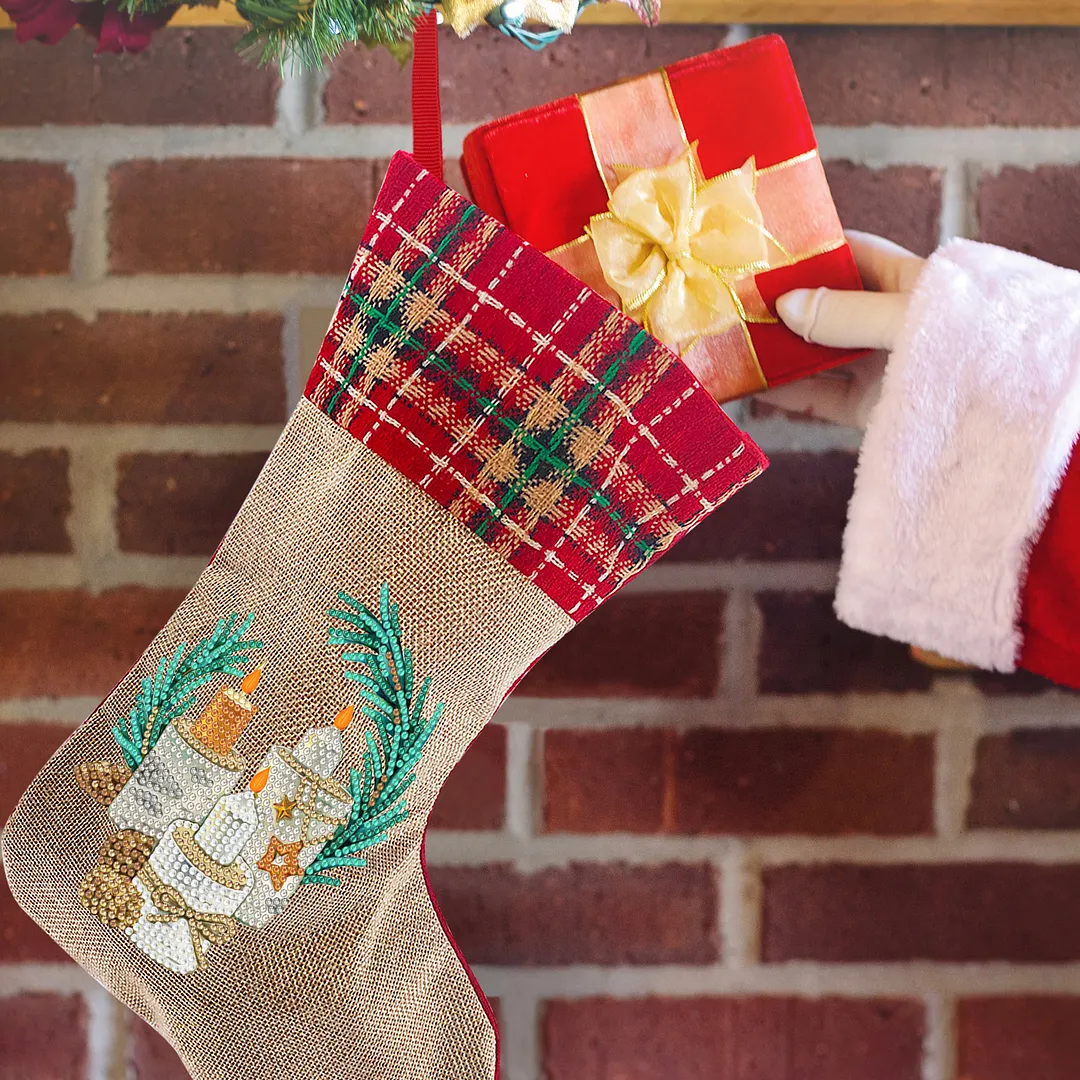 DIY Diamond Painting Christmas Stockings Hanging Ornaments Large Capacity Xmas Socks Pendant Wear Resist Candy Gift Storage Bags for Family Christmas Holiday Party Decoration (Bright candle)