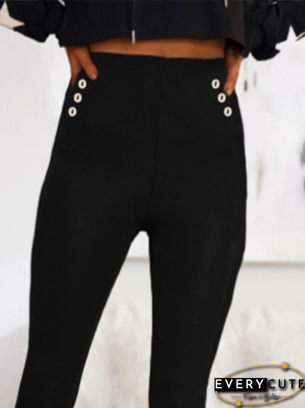 Plain Lace Buttoned Plus Size Casual Leggings