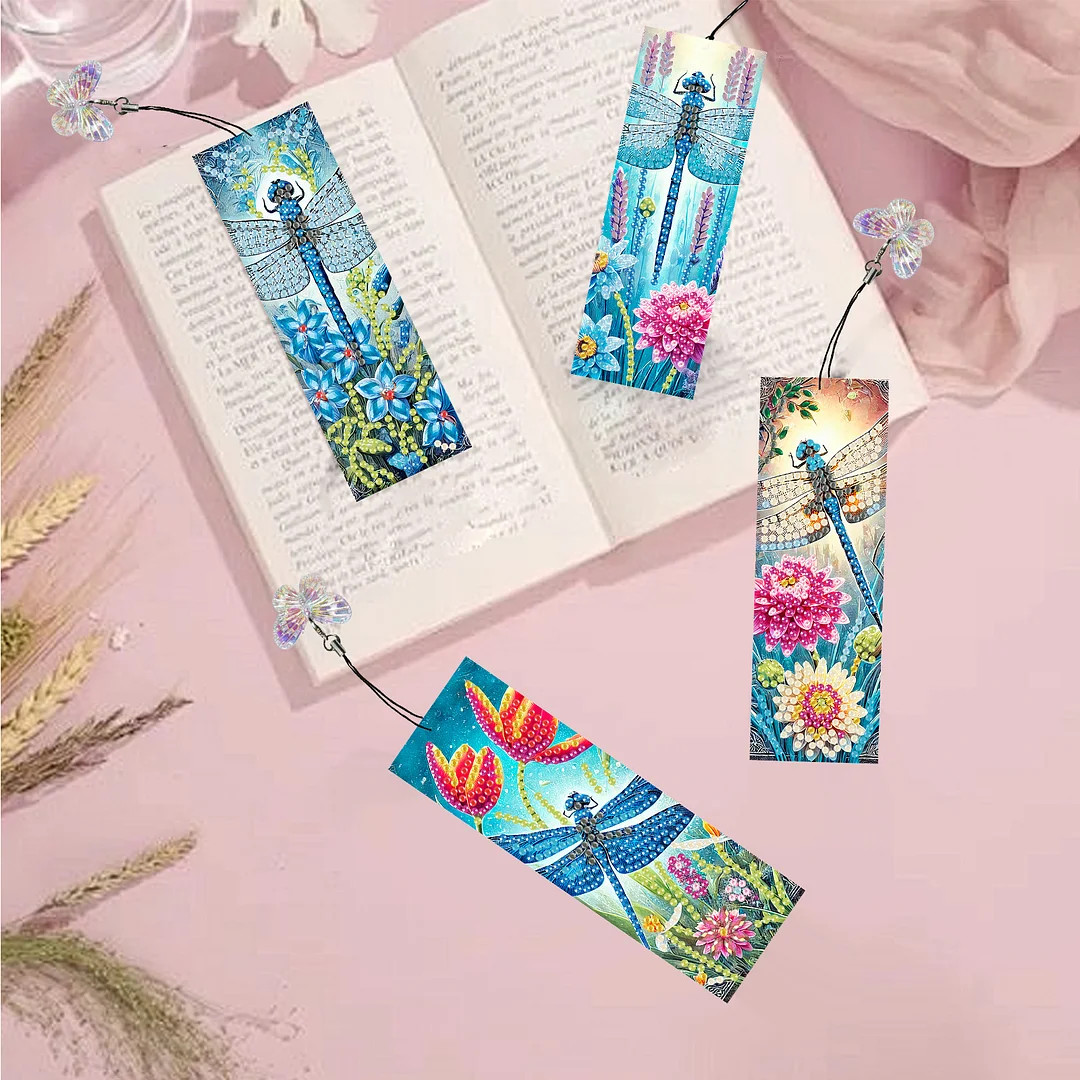 12Pcs Dragonflies Flowers DIY Diamond Art Painting Bookmark for Beginners Adult