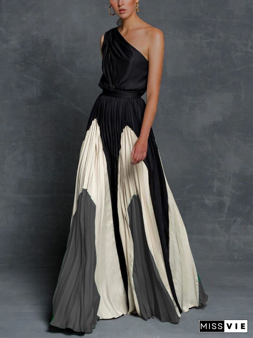 Elegant One Shoulder Colorblock A Line Prom Dress