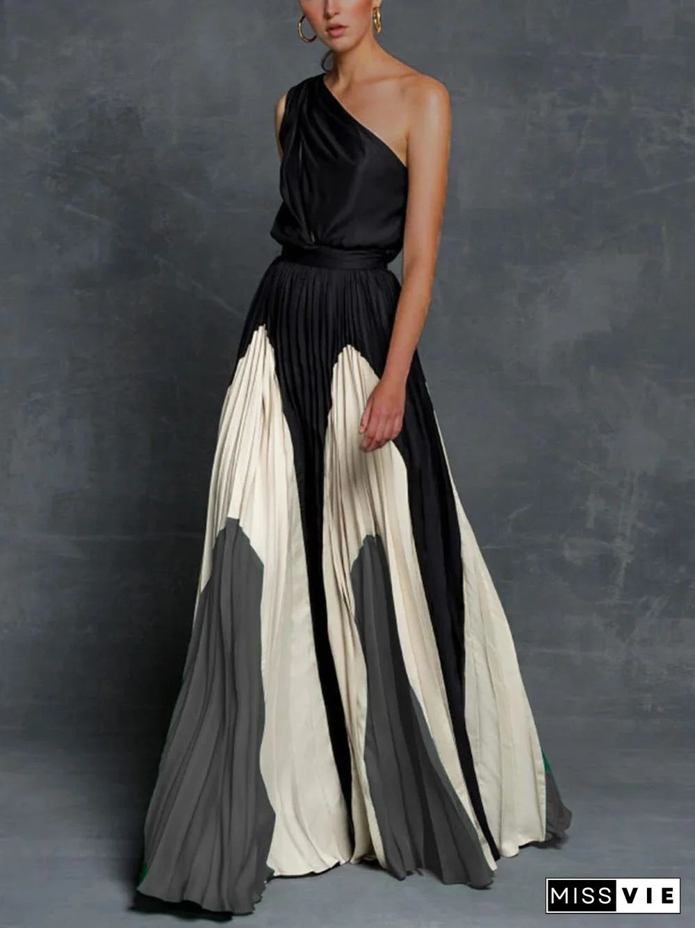 Elegant One Shoulder Colorblock A Line Prom Dress