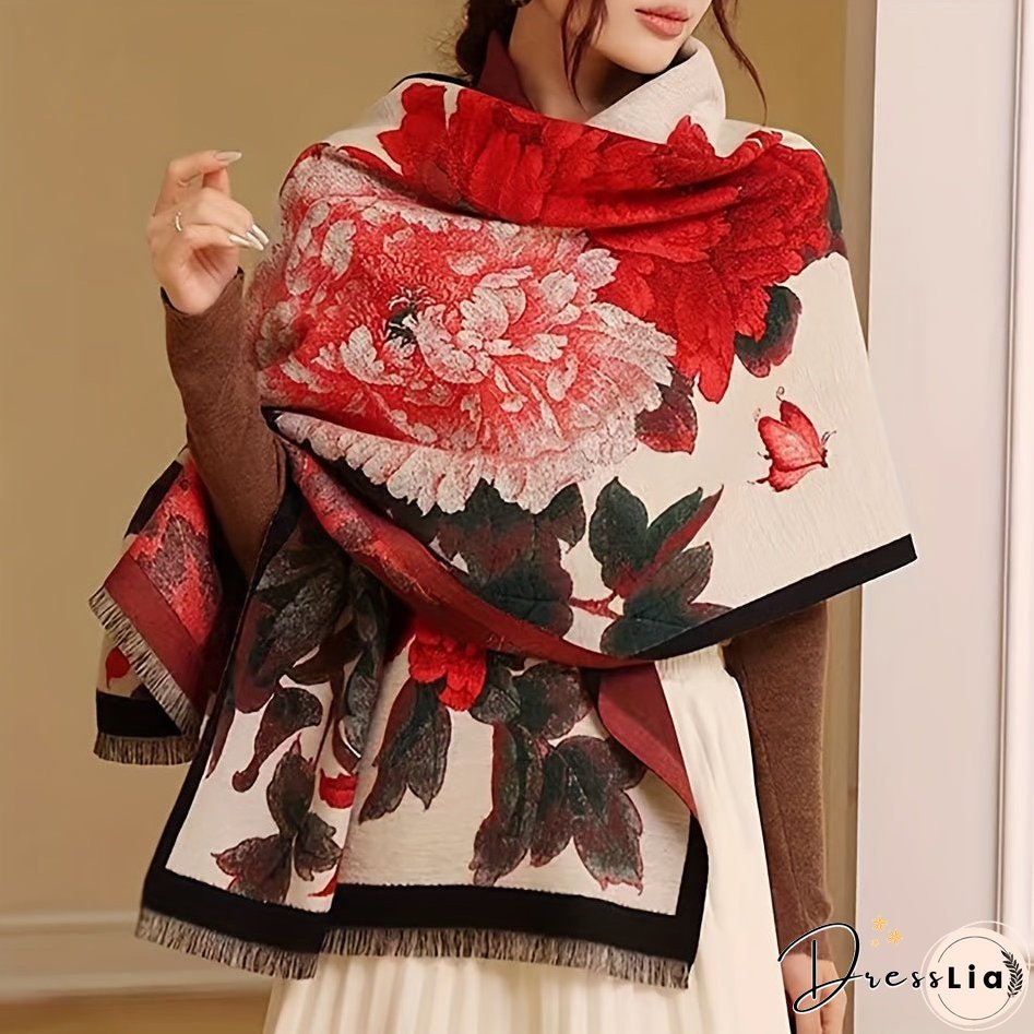 Vintage Floral Pattern Soft Shawl Scarf - Elegant, Warm, Fringe, Windproof, Coldproof, Autumn Winter Essential - Perfect for Outdoor Activities, Casual Wear, and Gift Giving