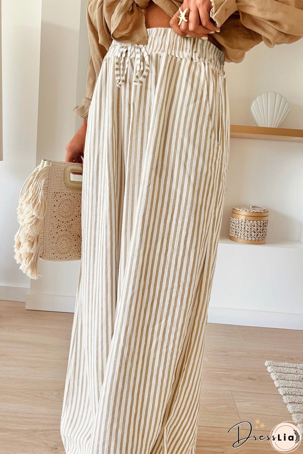 Khaki Stripe Plus Size Drawstring High Waist Wide Leg Pants