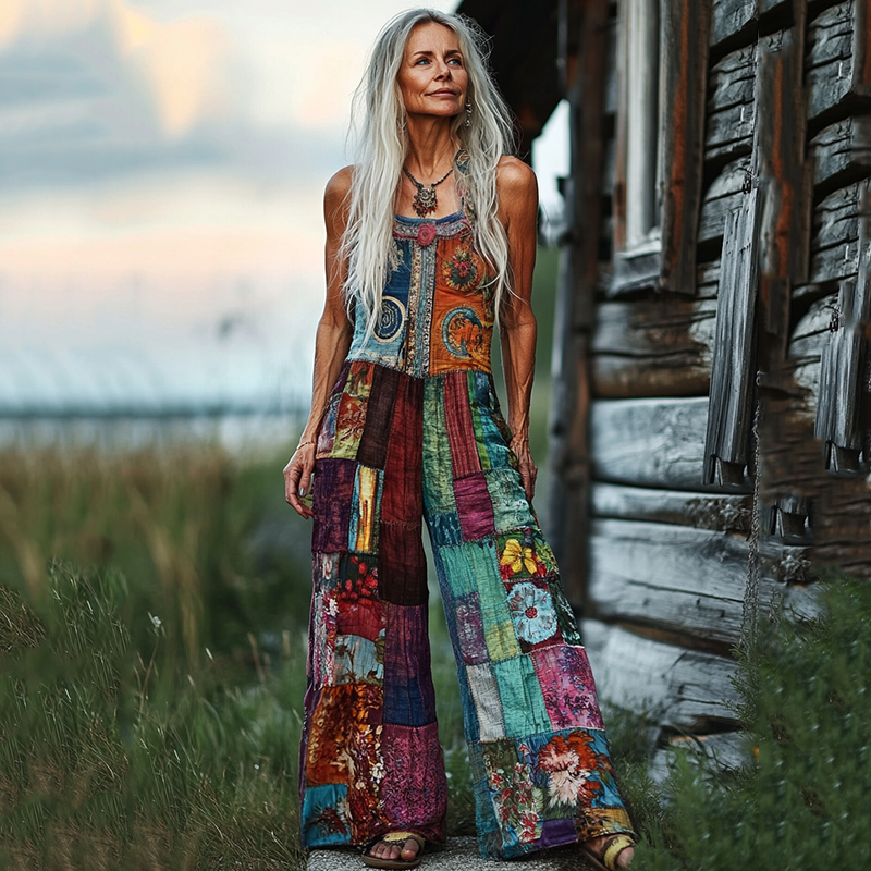 Comstylish Women's Floral Patchwork Linen Print Cotton Linen Jumpsuit