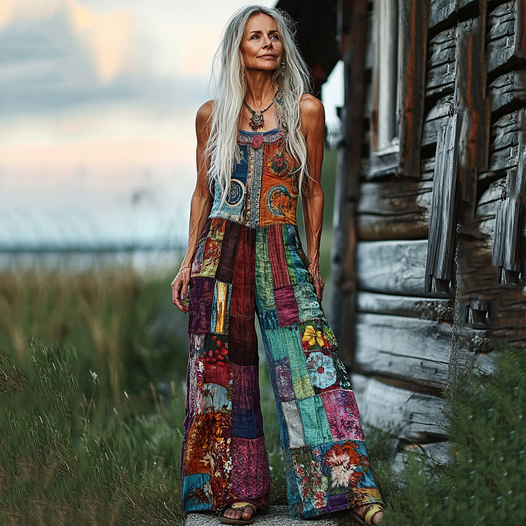 Women's Floral Patchwork Linen Print Cotton Linen Jumpsuit