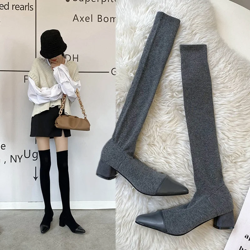 Women Sock Boots Over The Knee Pointed Toe Elastic Fabric Boots Woman Slip On Thick High Heels Stretch Boots Woman Black Brown