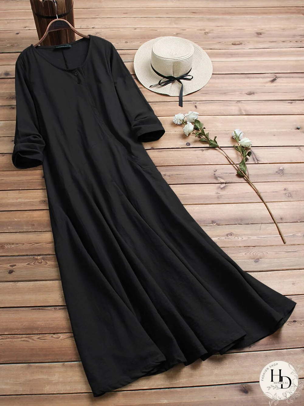 Women Vintage Cotton Tunic Baggy Long Sleeve Maxi Dress