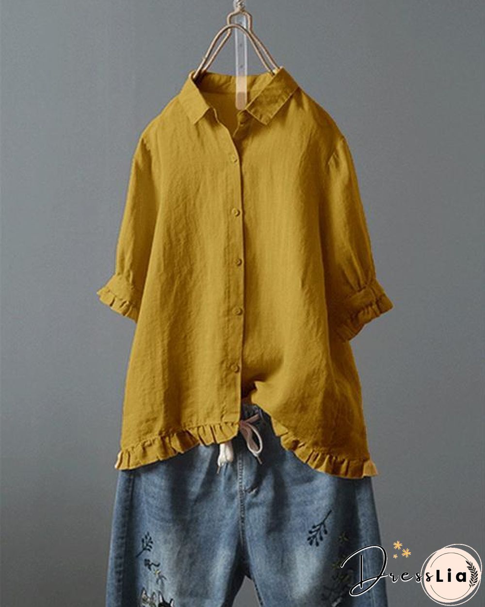 Lace Button Turn Down Collar Solid Color Shirt