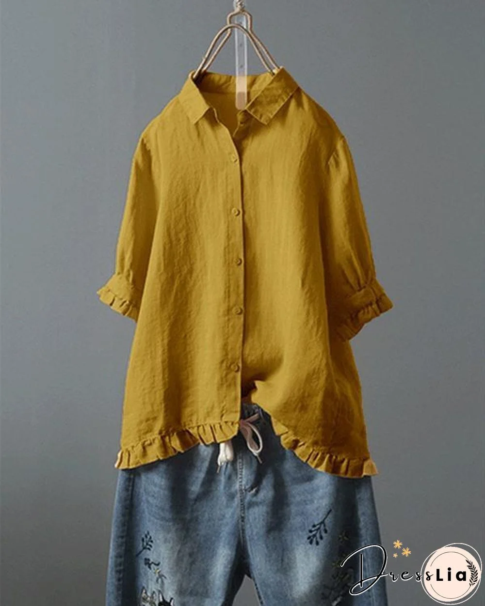 Lace Button Turn Down Collar Solid Color Shirt
