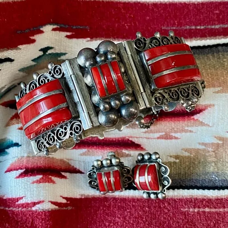 Vintage Mexican Red Glass Panel Bracelet and Earrings Set Sterling