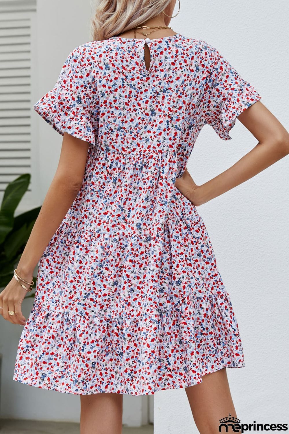 Ditsy Floral Flounce Sleeve Tiered Dress