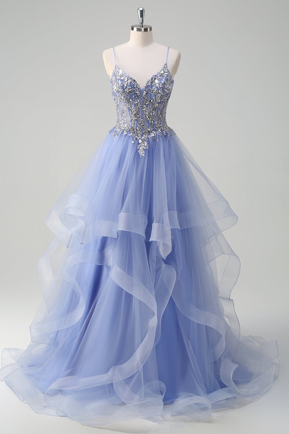Ovlias Classy Spaghetti Strap Rhinestone Sheer Tulle Layered Prom Dress LY0613