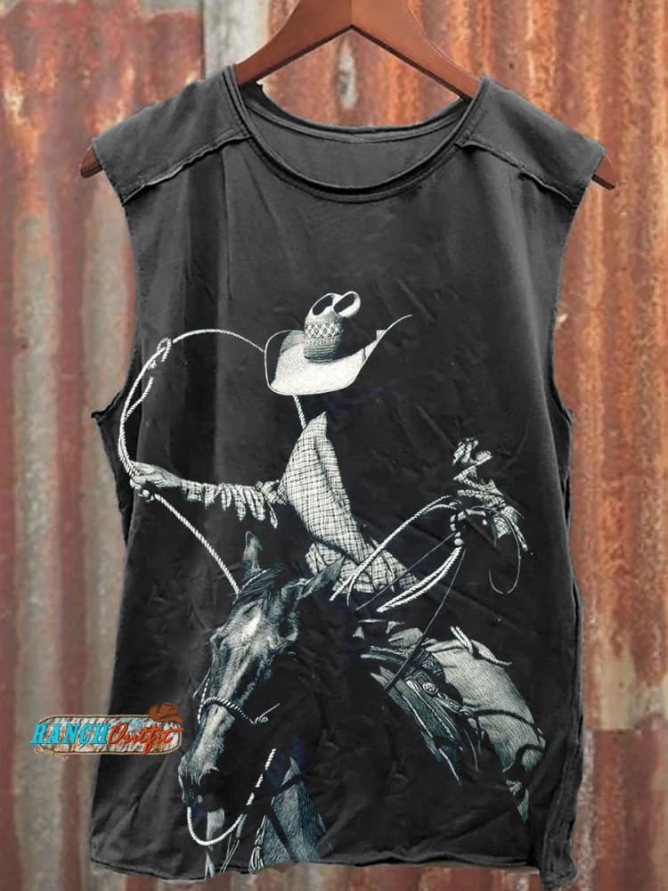 Vintage Wild Cowboy Art Print Casual Shirt Tee Multicolor / S