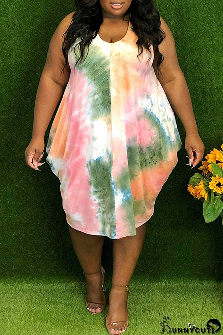 Pink Fashion Casual Print Tie-dye Asymmetrical O Neck Vest Dress Plus Size Dresses