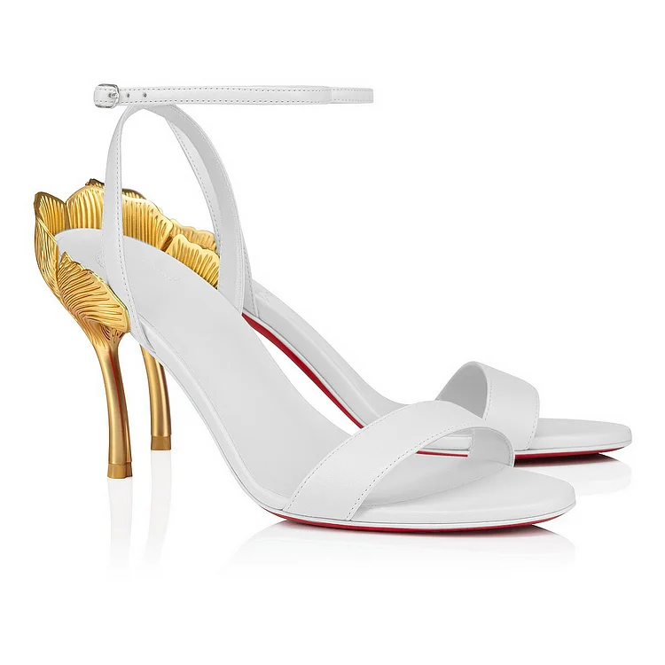 100mm Round Open Toe Ankle Strap High Heel Golden Ginkgo Leaf Heels Sandals Red Bottom Pumps Vocosi VOCOSI