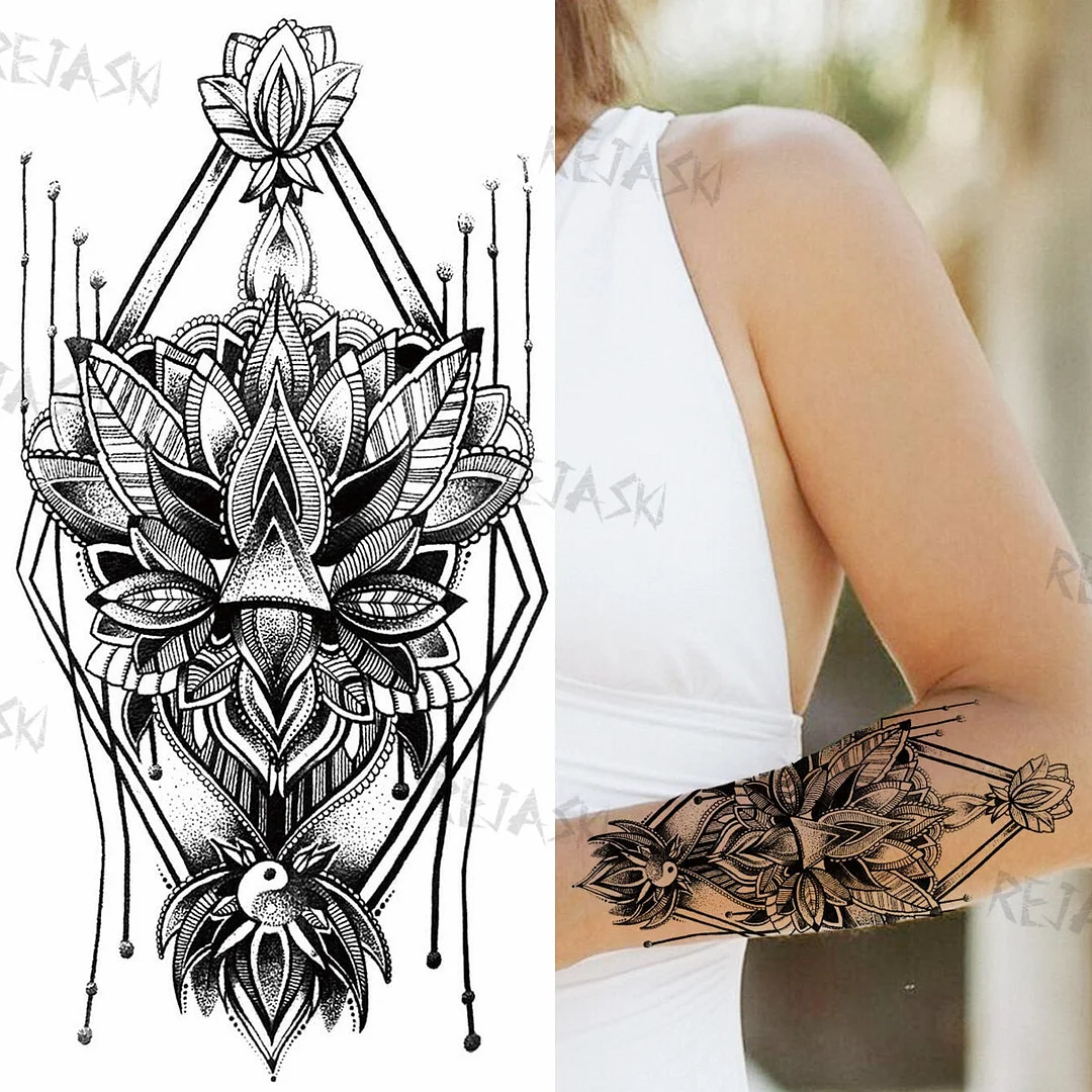 Mandala Flowers Temporary Tattoo For Women Black Henna Mehndi Tattoos Sticker Rose Lace Owl Fake Jewelry Tatoos Body Chest Back