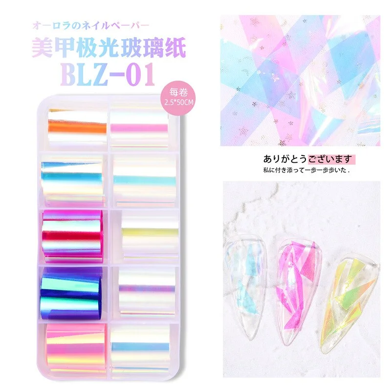 10 Pcs/box Holographic Glass Nail Art Sticker Mirror Aurora Nail Foil Decals Transparent Glass Paper Gel Manicure Decorations