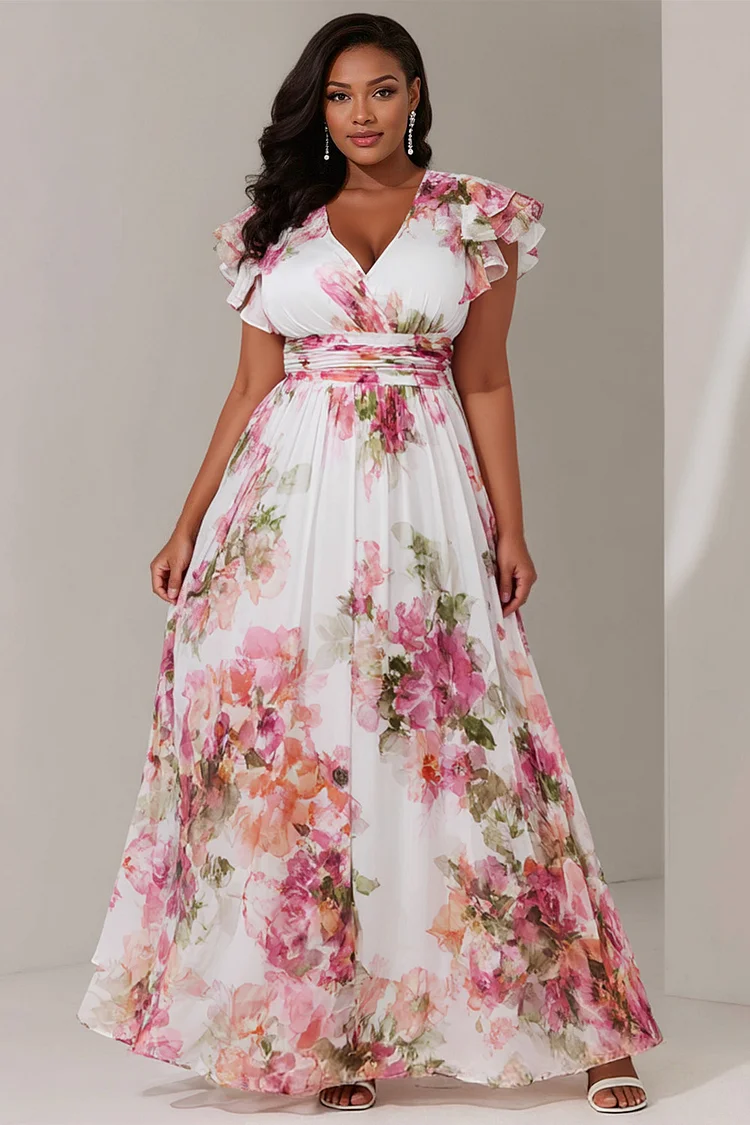 Xpluswear Design Plus Size Vacation Pink Floral V Neck Flutter Sleeve Short Sleeve Ruffle Chiffon Maxi Dresses 2024 - Xpluswear