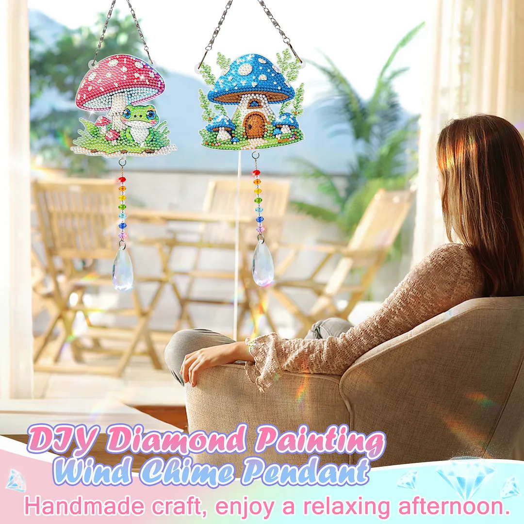 2Pcs Mushroom House DIY Double-Sided Diamond Painting Hanging Kits Diamond Painting Suncatcher Craft Kit for Home Garden Wall Decor Gift