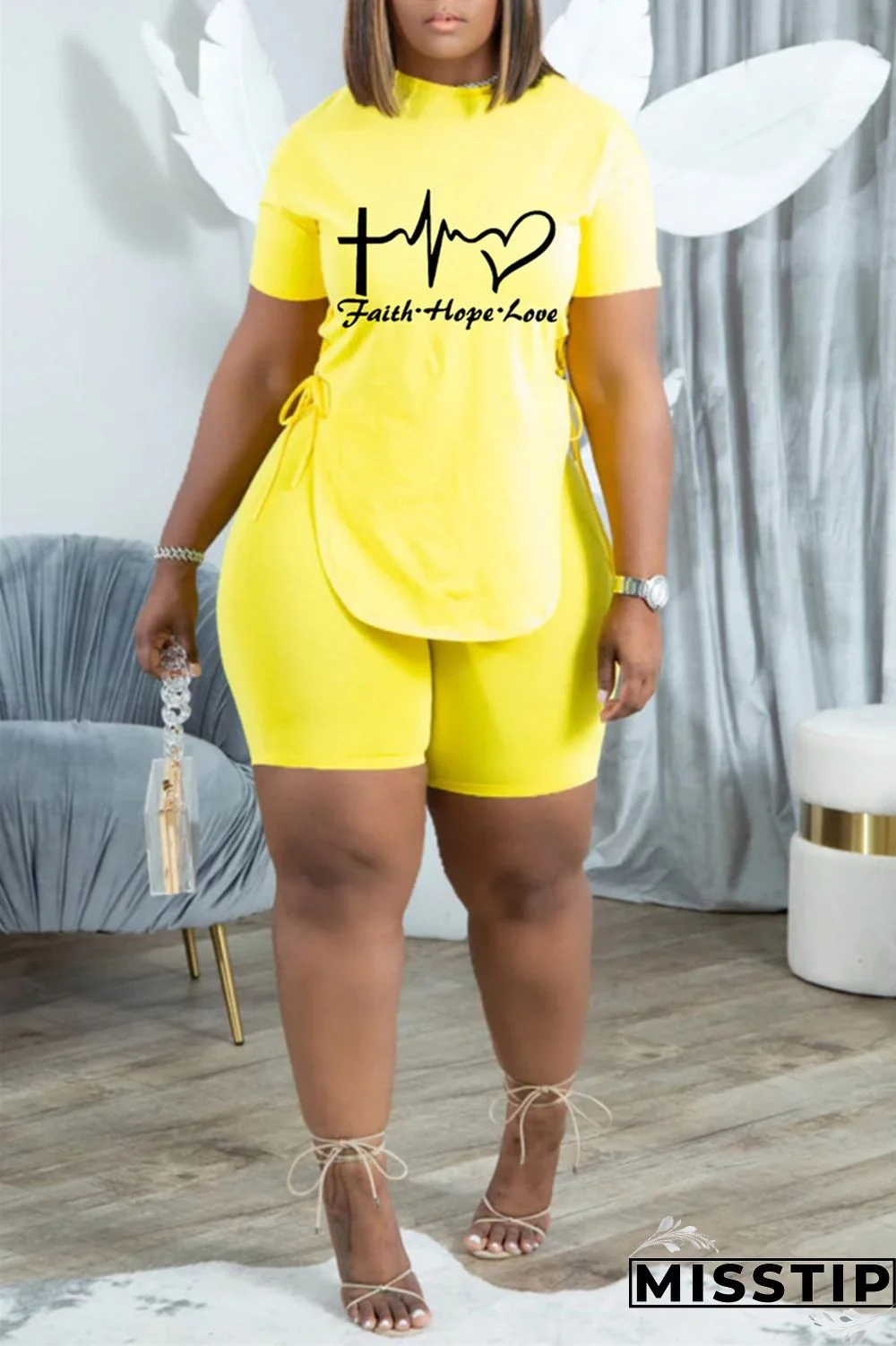 Black Fashion Casual Print Bandage Slit O Neck Short Sleeve Two Pieces