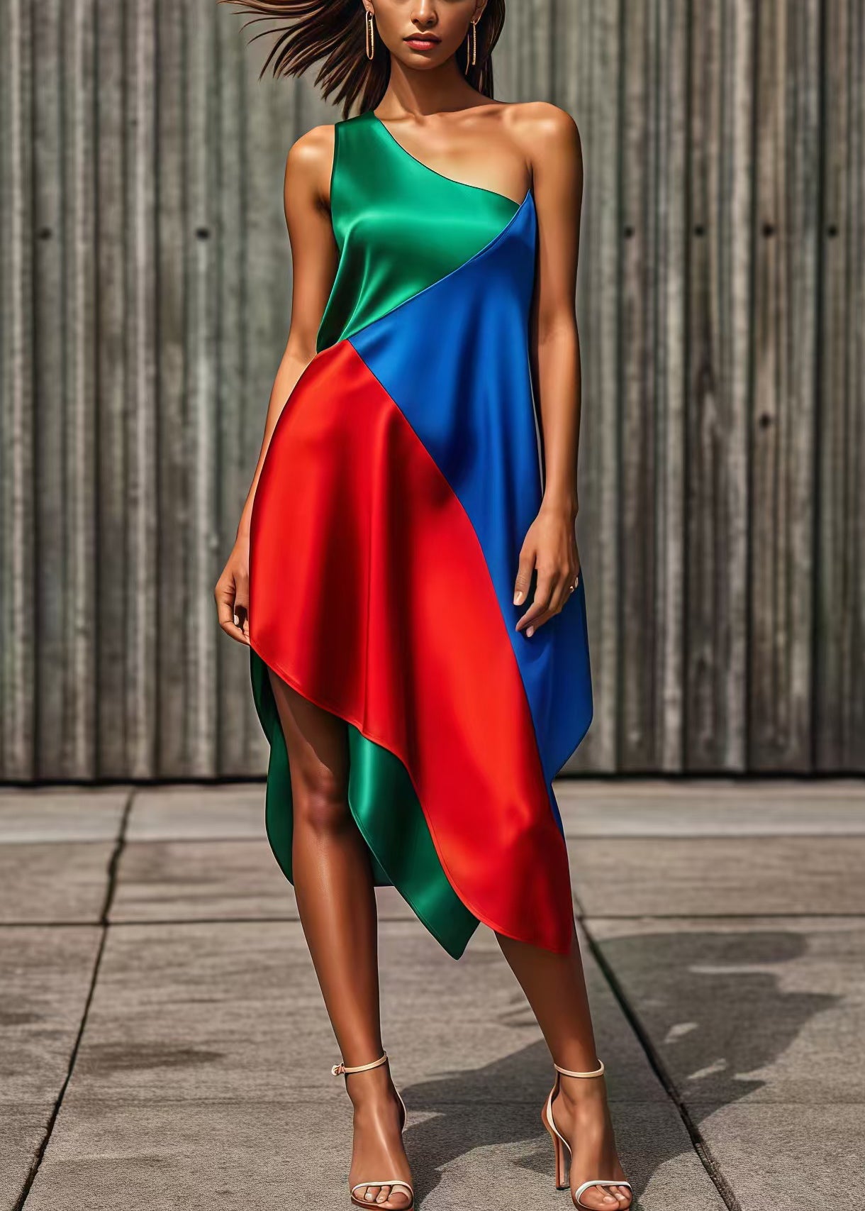 VCSHOES Colorblock One Shoulder Asymmetrical Patchwork Silk Holiday Dress Summer