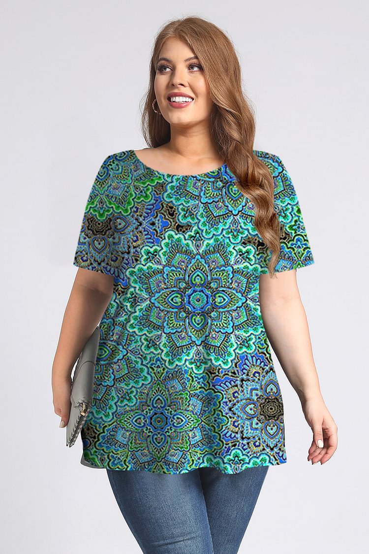 Flycurvy Plus Size Casual Green Vintage Pattern Print Round Neck Short Sleeve T-Shirt  flycurvy [product_label]