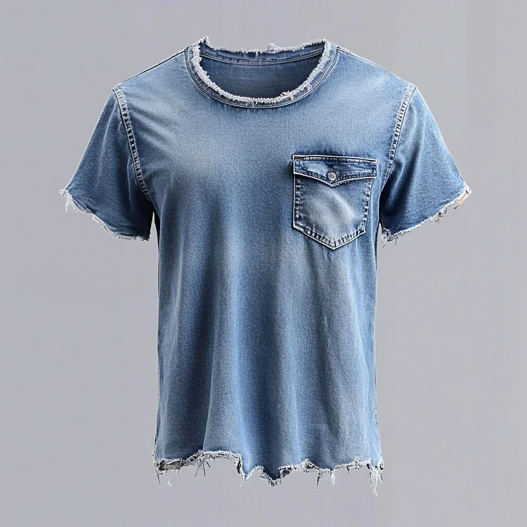Men's Raw Edge Crew Neck Flap Pocket Short Sleeve Denim T-Shirt
