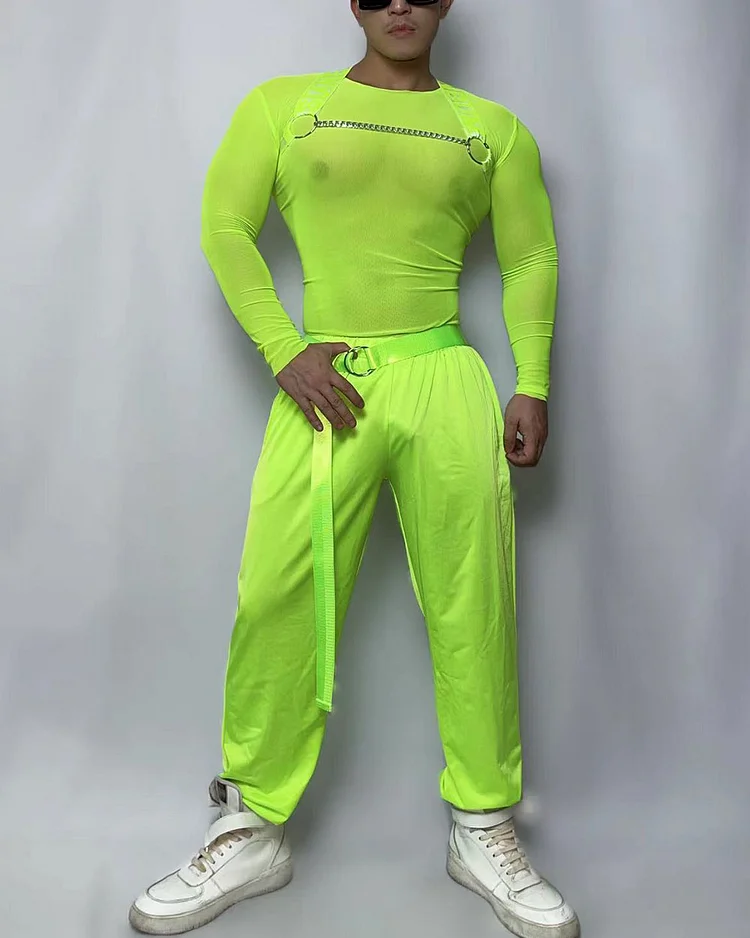 Men's See-Through Zipper Top and Pants Two-Piece Set