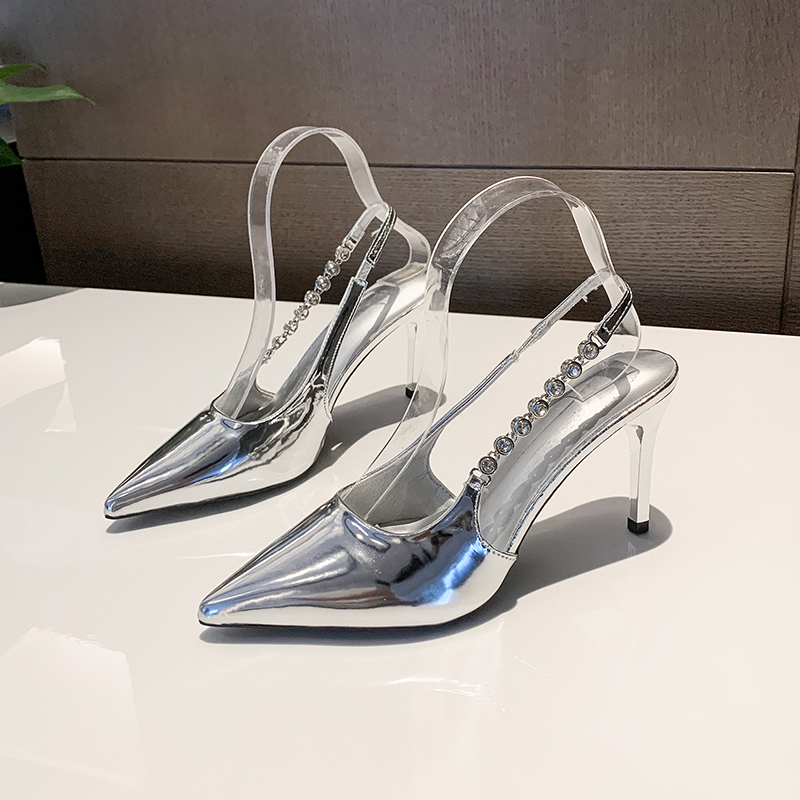 Luxylanellc Shiny High Heels Slingback Silver Women Pumps Metallic Crystal Sandals Pointy Toe Stiletto Heeled Shoes Party Dress Shoes Woman