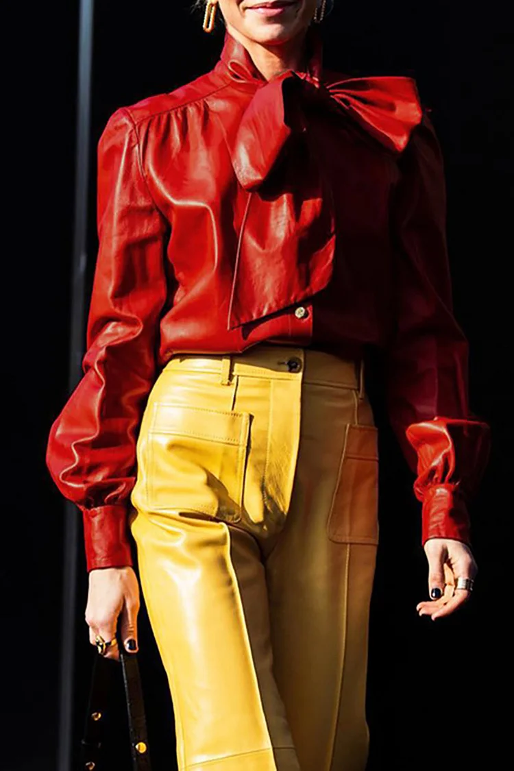 Plus Size Semi Formal Blouse Red Bow Long Sleeve PU Leather Top Blouse 
