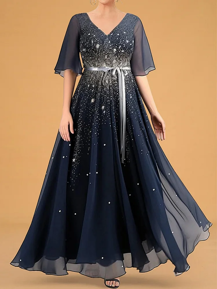 Elegant Sparkly Print V Neck Lace-up Half Sleeve Maxi Dress