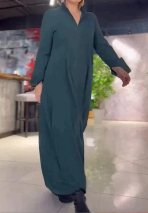 Uveng Uveng Autumn And Winter New Leisure Loose Solid Color V Collar Long-Sleeved Dress Women