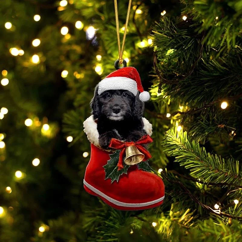 VigorDaily Black Goldendoodle In Santa Boot Christmas Hanging Ornament SB020