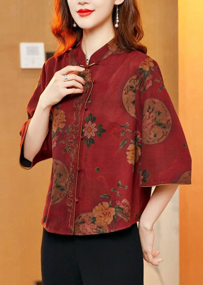 Chinese Style Red Stand Collar Button Silk Two Pieces Set Summer