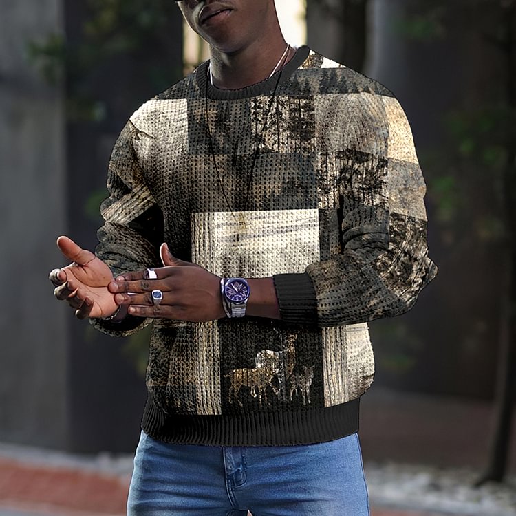LONG SLEEVE RETRO HIT COLOR ROUND NECK MEN'S T-SHIRT