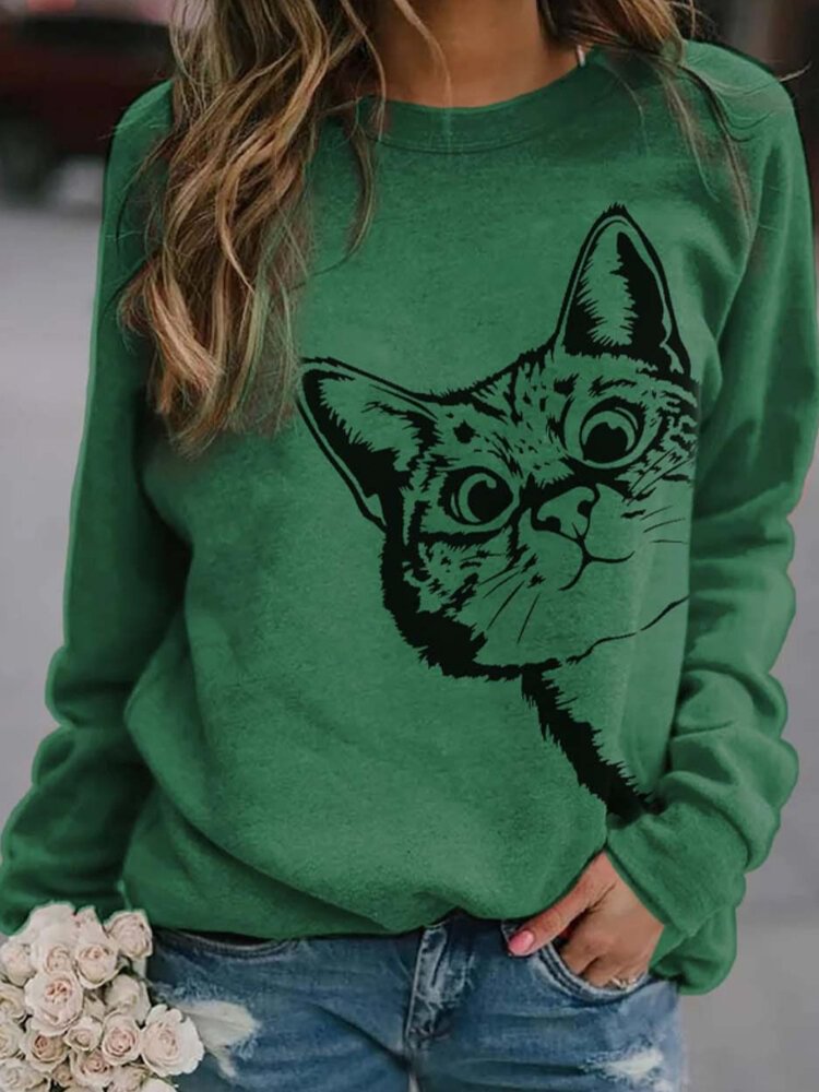 Cartoon Cat Print Long Sleeve O neck Casual Blouse For Women P1725341