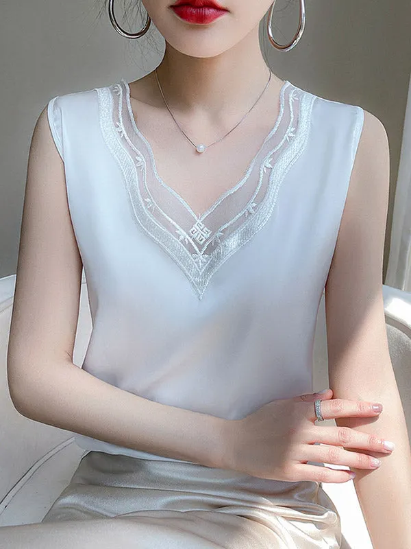 Loose Sleeveless Solid Color Split-Joint V-Neck Vest Top