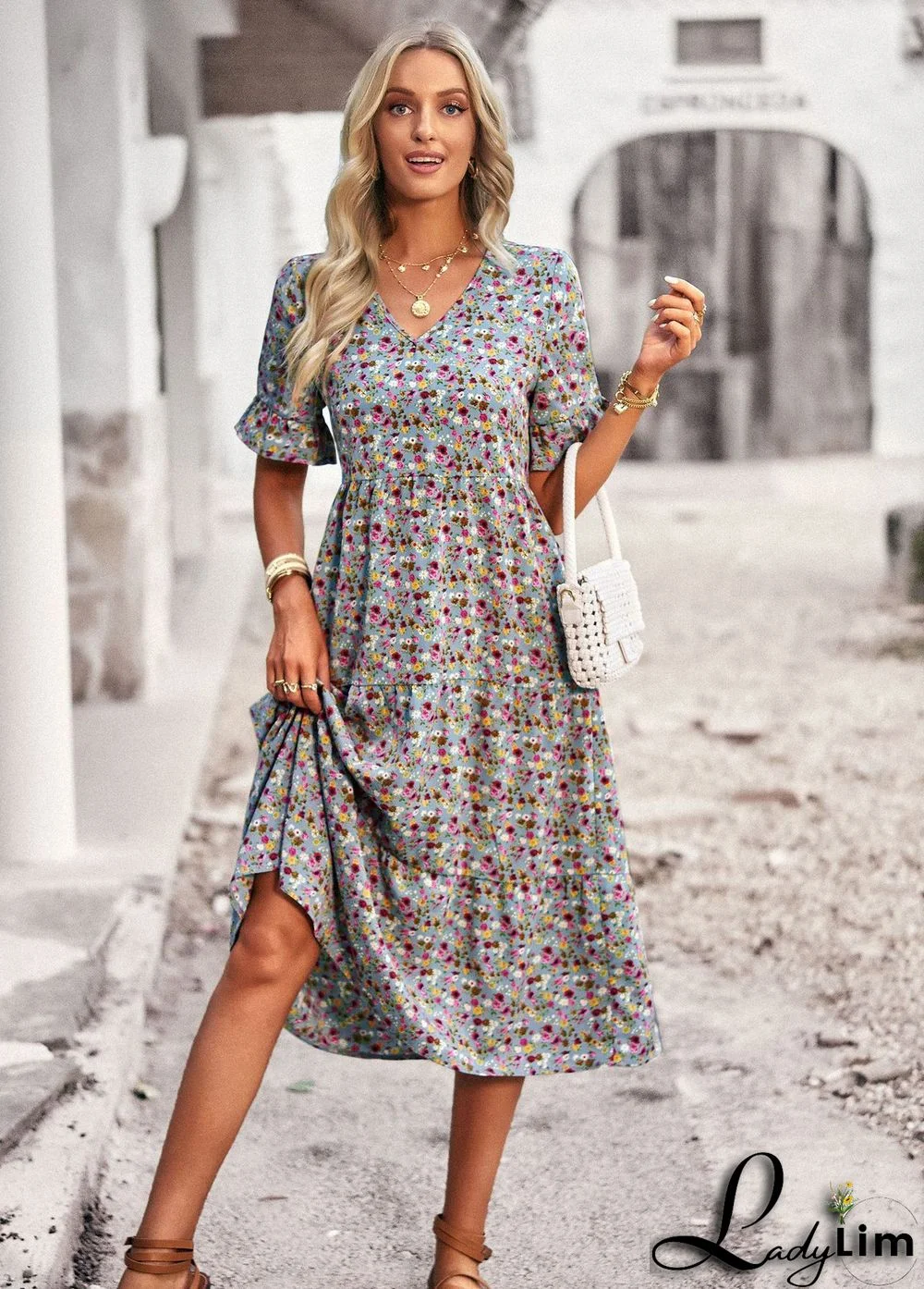 Chic Elegantsummer V Neck Short Sleeve Holidays Casual Dress