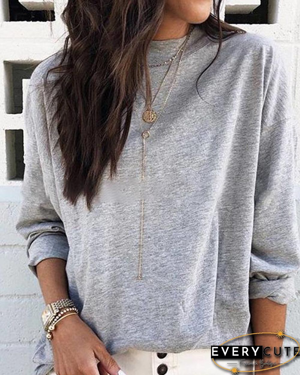 CREW NECK LONG SLEEVE PLAIN COTTON SHIRTS & TOPS