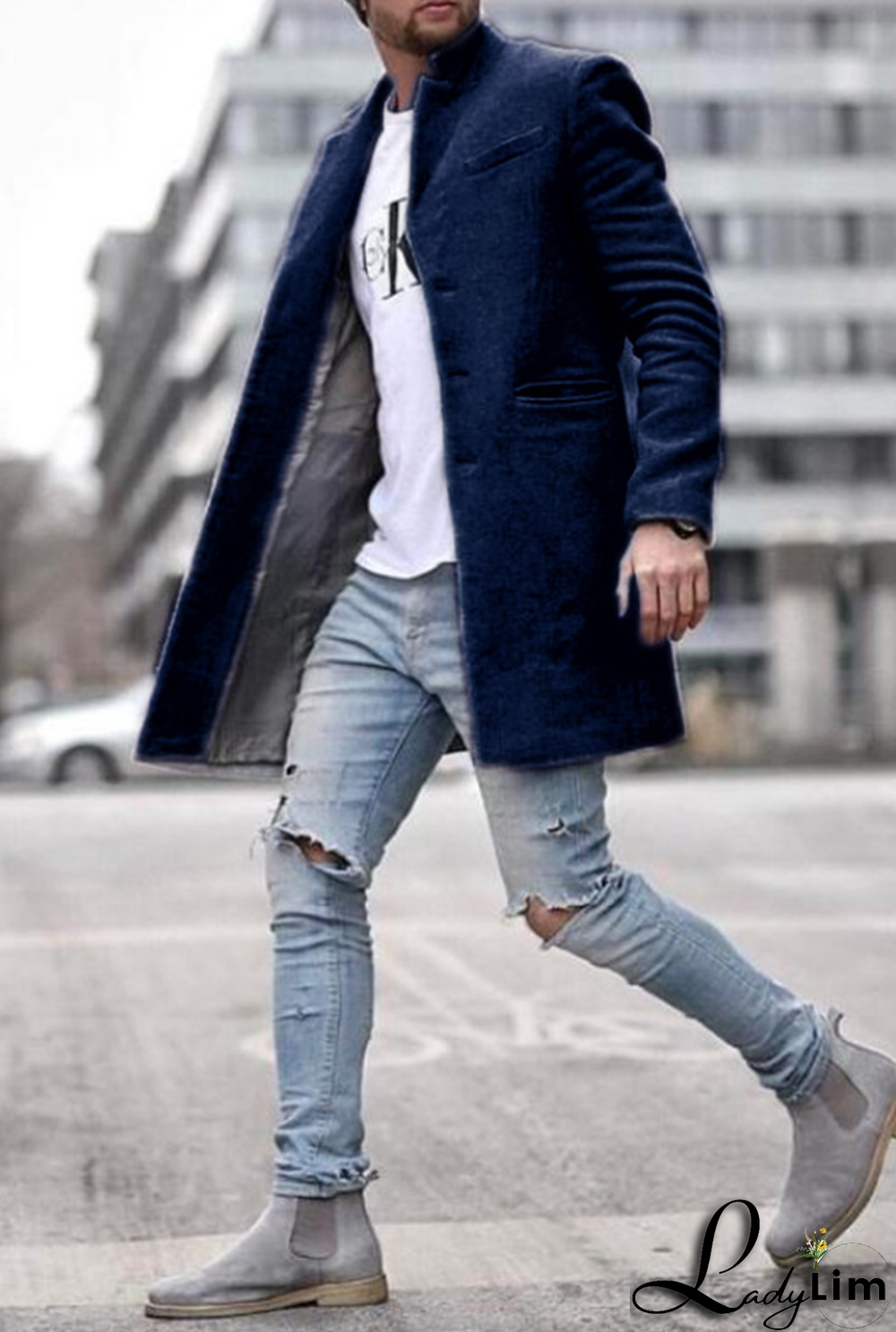 Black Fashion Solid Pocket Buckle Turndown Collar Outerwear