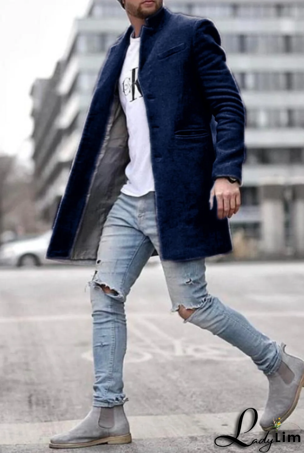 Black Fashion Solid Pocket Buckle Turndown Collar Outerwear