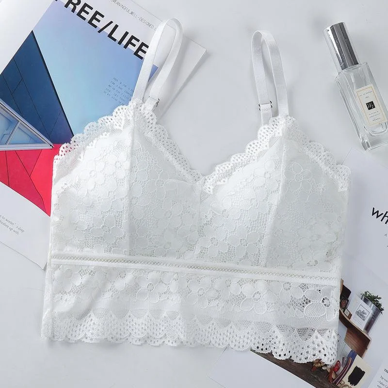 Meet'r Women Sexy Hollow Out Bralette Solid Color Beauty Back Lace Underwear Vest Female Add pad Wireless Bra Seamless Lingerie