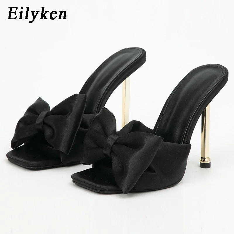 Eilyken 2022 New Arrival Silk Butterfly-knot high heels Women Slippers Sandals Square toe Mule Slippers Slides Party shoes